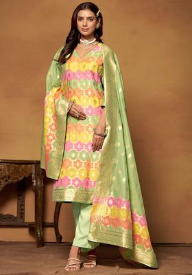 Green Woven Design Silk Kurta Set