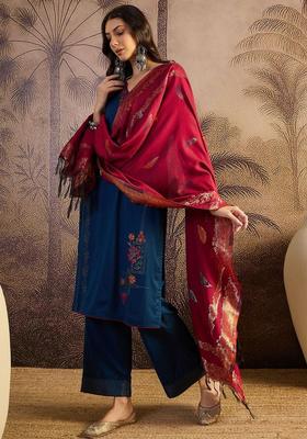 Blue Woven Design Wool Blend Kurta Set
