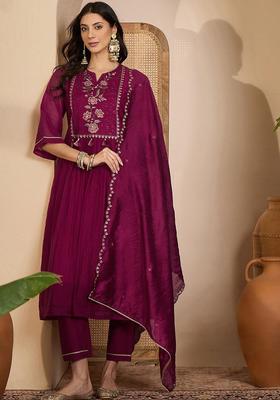 Burgundy Embroidered Cotton Kurta Set