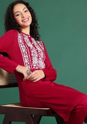 Red Printed Acrylic Kurta Set