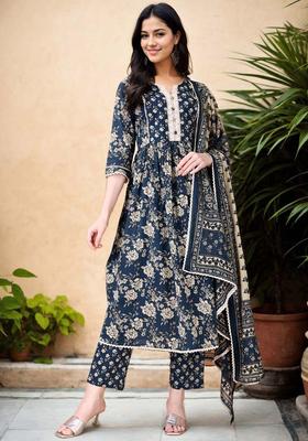Blue Printed Cotton Anarkali Set