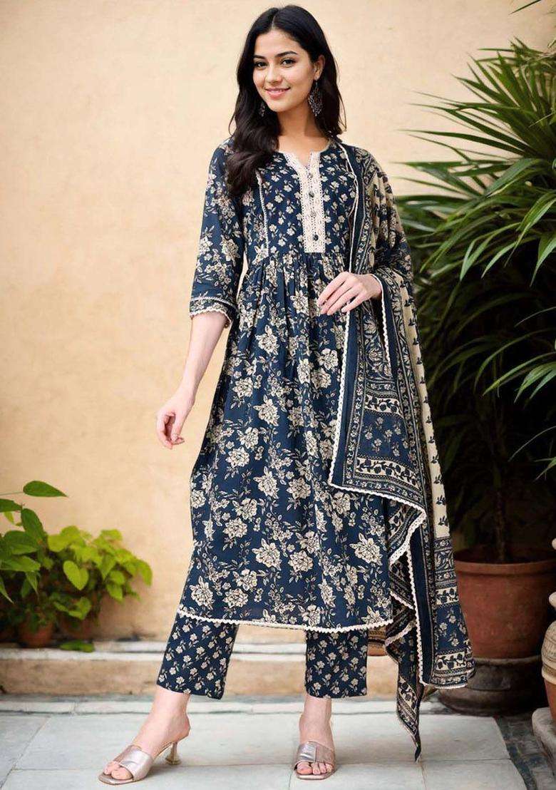 Blue Printed Cotton Anarkali Set - Indya