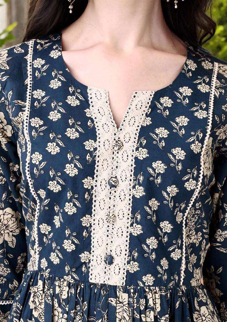 Blue Printed Cotton Anarkali Set - Indya