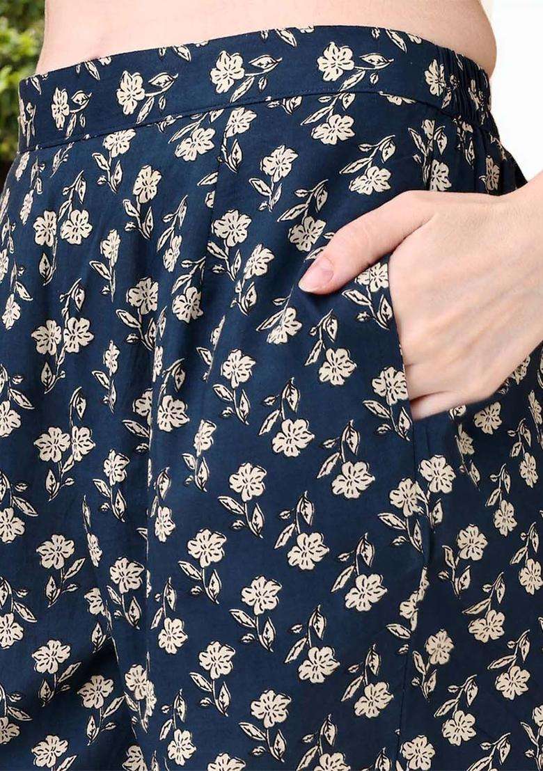 Blue Printed Cotton Anarkali Set - Indya