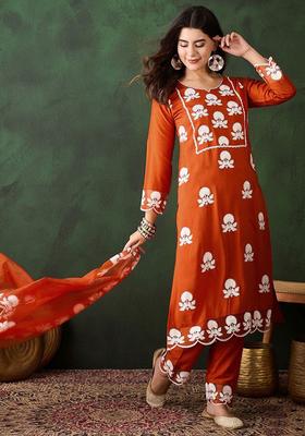 Orange Embroidered Silk Kurta Set
