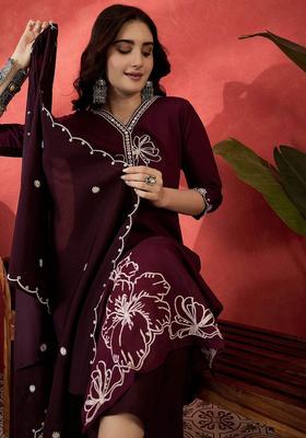 Purple Embroidered Polyester Kurta Set
