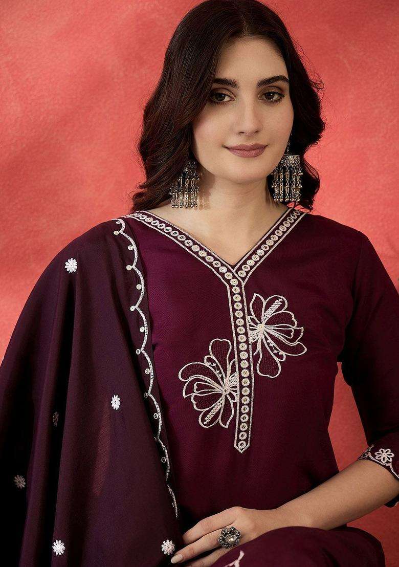 Purple Embroidered Polyester Kurta Set - Indya