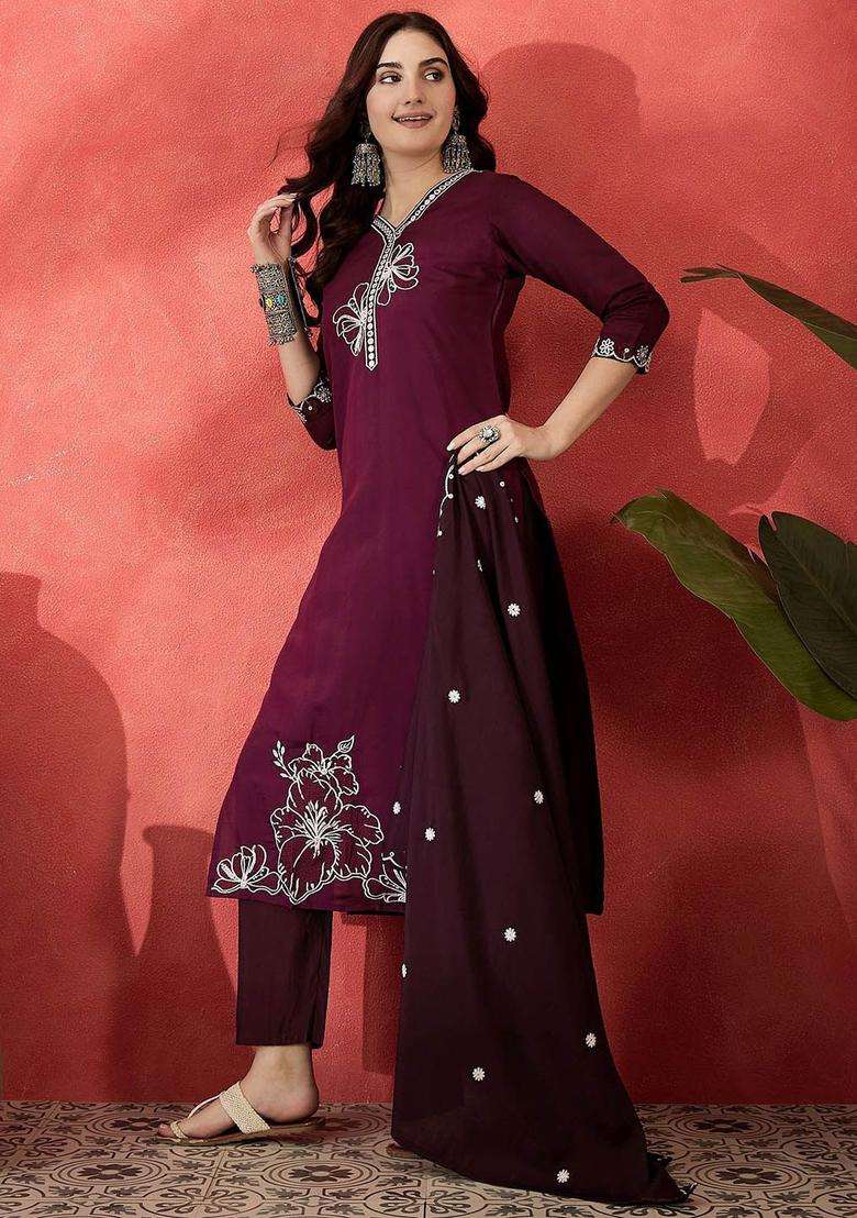 Purple Embroidered Polyester Kurta Set - Indya