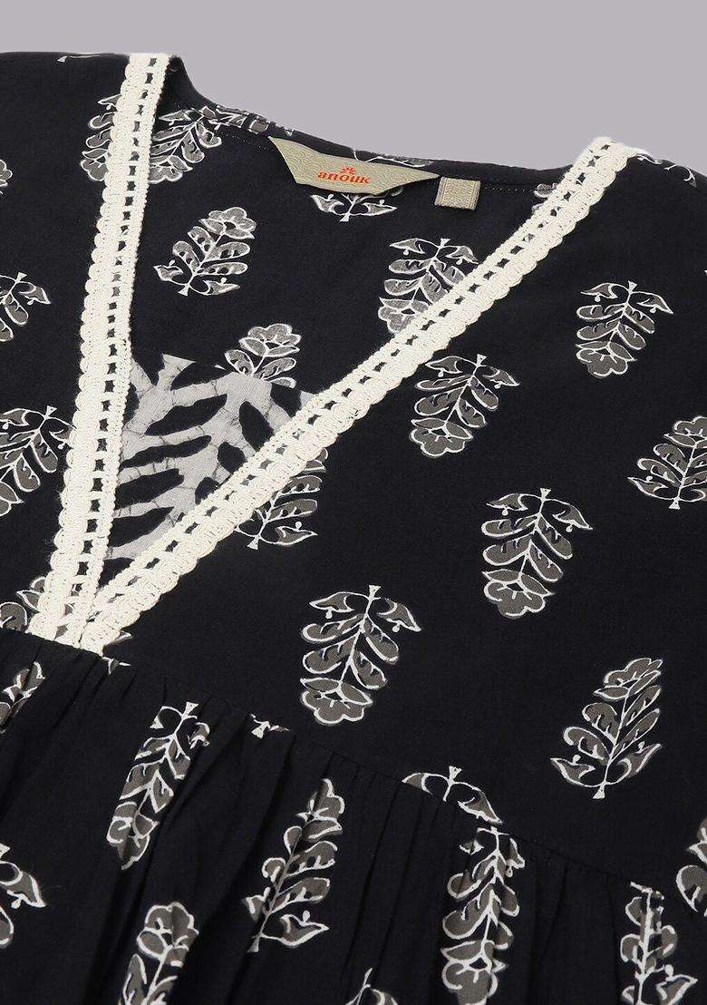 Black Printed Cotton Kurta Set - Indya