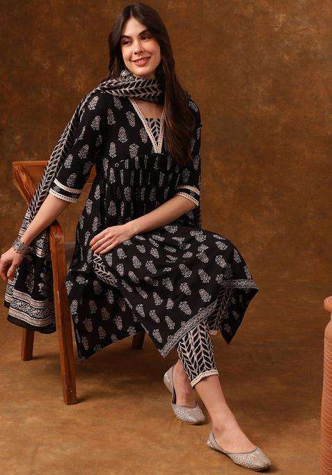 Black Printed Cotton Kurta Set