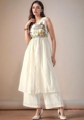 Off White Embroidered Cotton Kurta Set