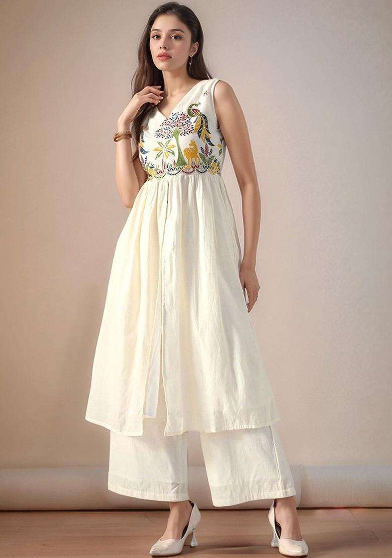 Off White Embroidered Cotton Kurta Set - Indya