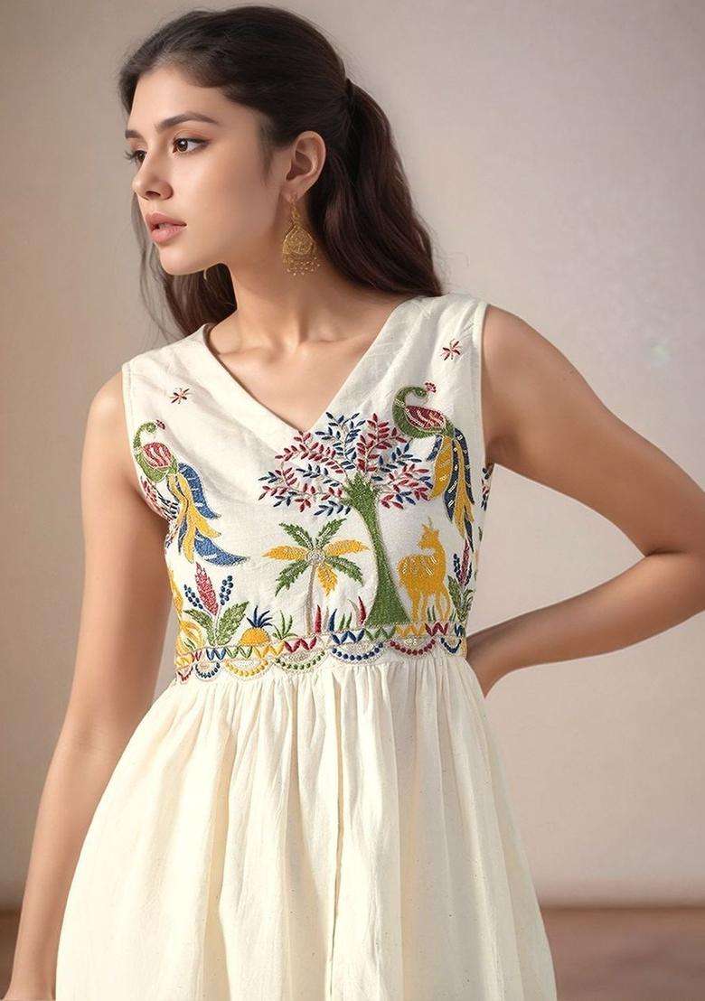 Off White Embroidered Cotton Kurta Set - Indya