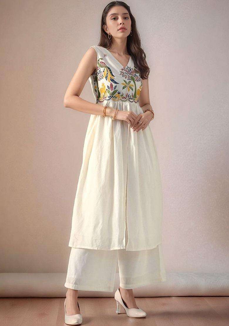 Off White Embroidered Cotton Kurta Set - Indya