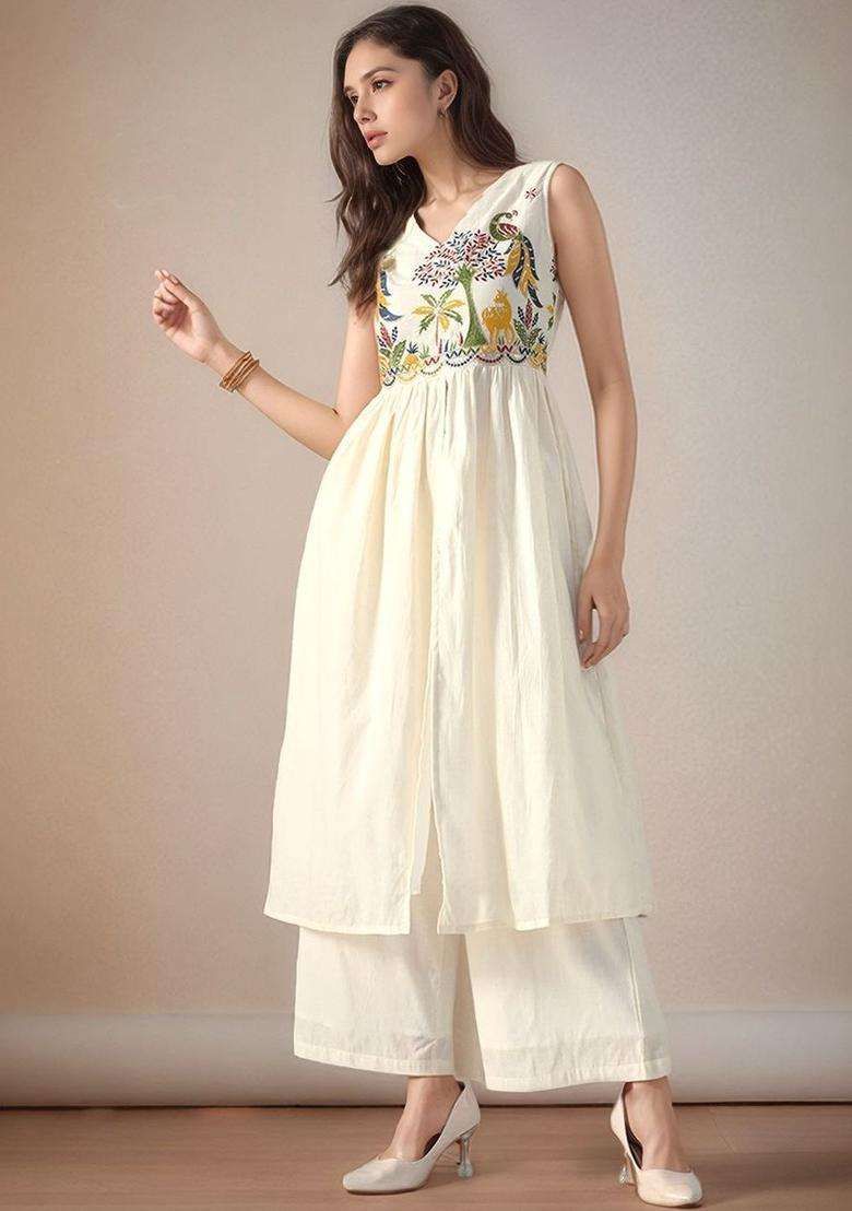 Off White Embroidered Cotton Kurta Set - Indya