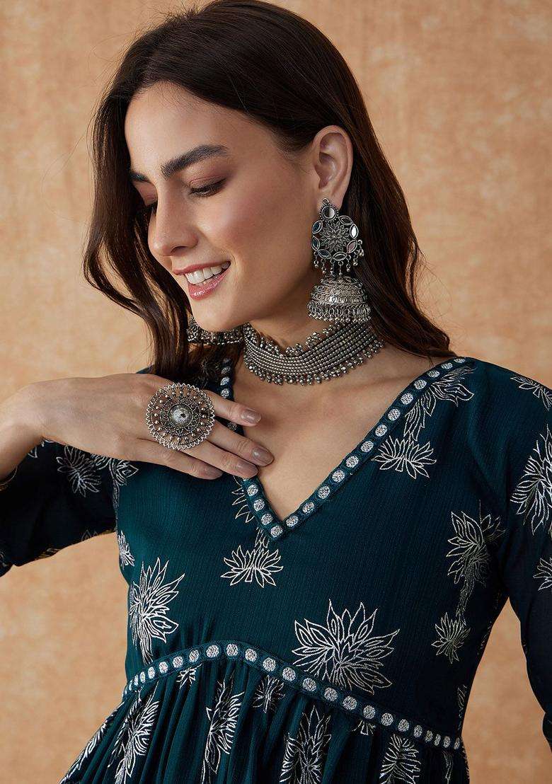 Teal Printed Georgette Kurta Set - Indya