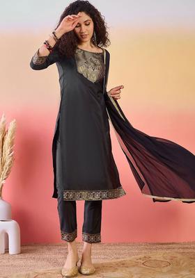 Black Yoke Design Silk Blend Kurta Set