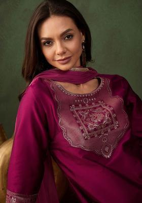 Purple Woven Design Silk Blend Kurta Set