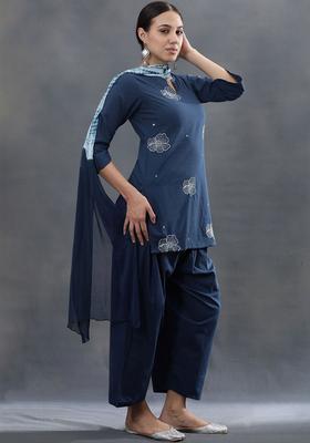 Navy Blue Embroidered Cotton Kurta Set