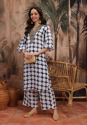 White Printed Polyester Kurta Set