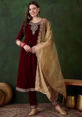 Maroon Embroidered Velvet Kurta Set