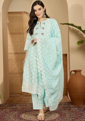 Turquoise Blue Embroidered Cotton Kurta Set