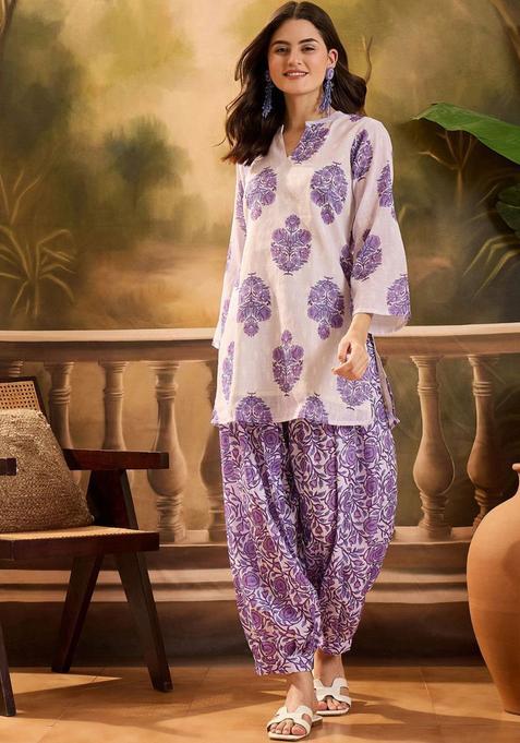 Purple Printed Linen Kurta Set — view on Indya
