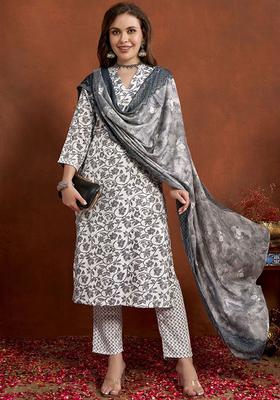 White Printed Viscose Kurta Set