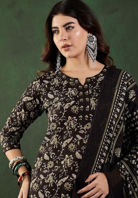 Black Printed Cotton Kurta Set