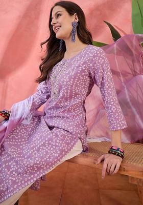 Mauve Printed Cotton Kurta Set