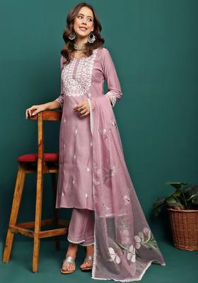 Mauve Embroidered Silk Kurta Set