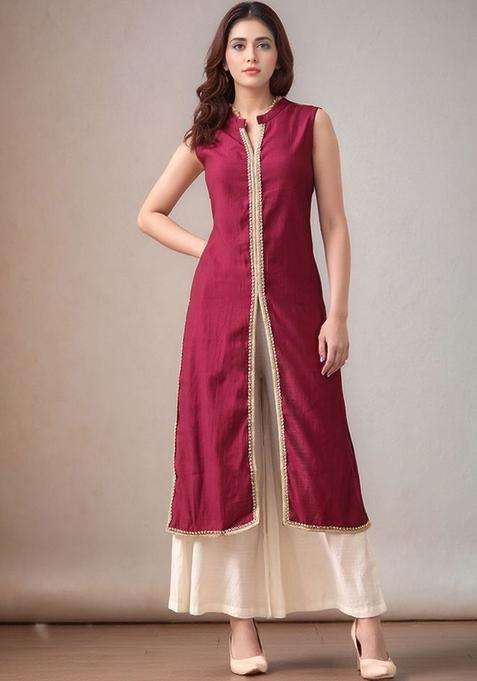Magenta Solid Silk Kurta Set