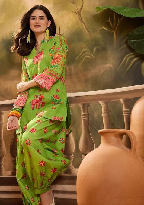 Green Printed Linen Kurta Set — view on Indya