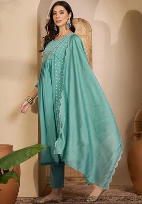 Turquoise Blue Embroidered Cotton Kurta Set