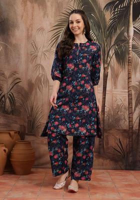 Navy Blue Printed Polyester Kurta Set