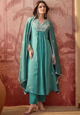 Turquoise Blue Embroidered Silk Kurta Set