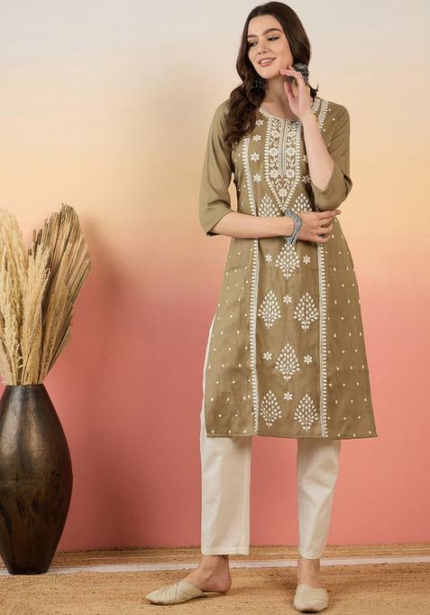 Khaki Cotton Kurta — view on Indya