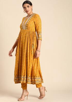 Mustard Printed Viscose Kurta Set