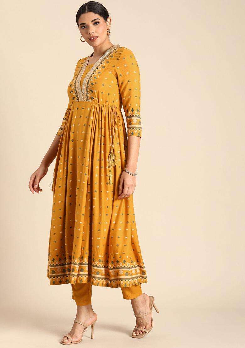Mustard Printed Viscose Kurta Set - Indya