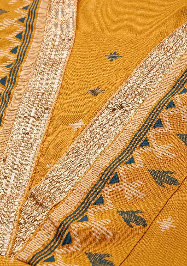 Mustard Printed Viscose Kurta Set - Indya