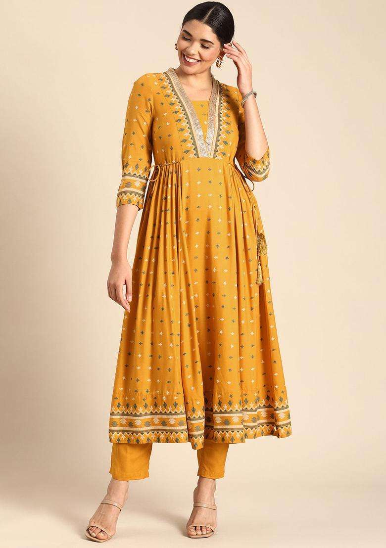 Mustard Printed Viscose Kurta Set - Indya
