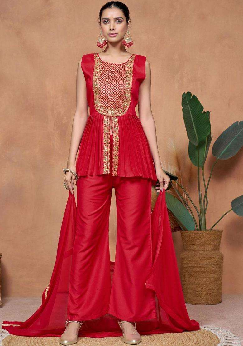 Red Embroidered Silk Blend Kurta Set - Indya