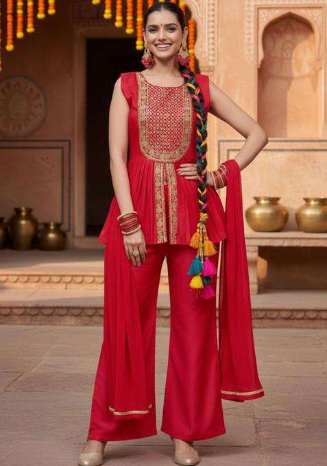 Red Embroidered Silk Blend Kurta Set