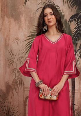 Red Solid Viscose Kurta Set