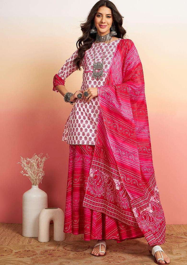 White Printed Cotton Kurta Set - Indya