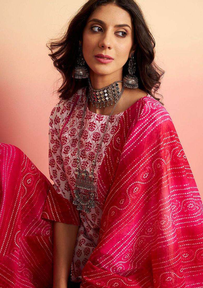 White Printed Cotton Kurta Set - Indya