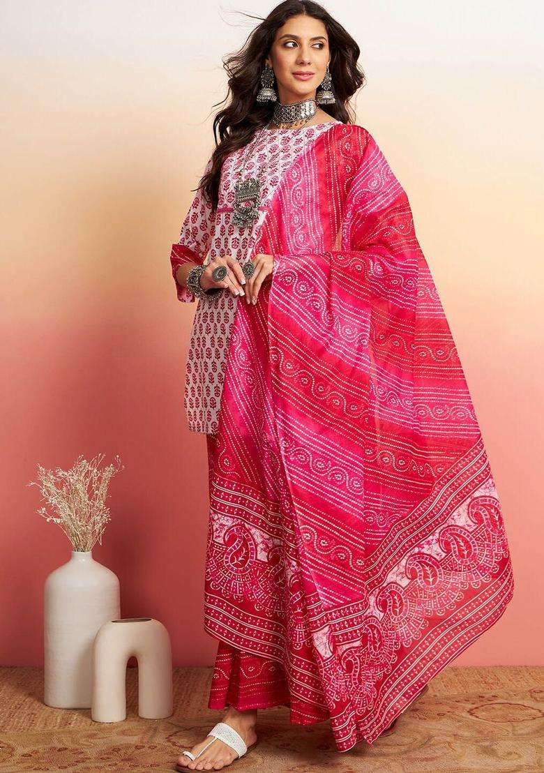 White Printed Cotton Kurta Set - Indya