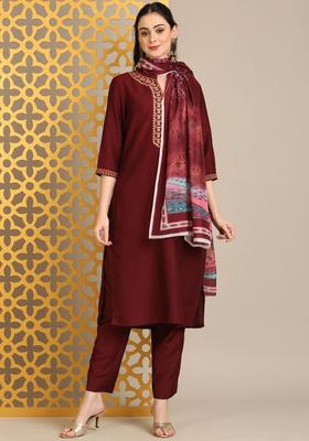 Maroon Embroidered Viscose Kurta Set