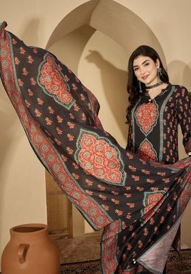 Black Printed Cotton Kurta Set