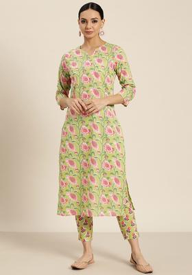 Green Printed Cotton Kurta Set